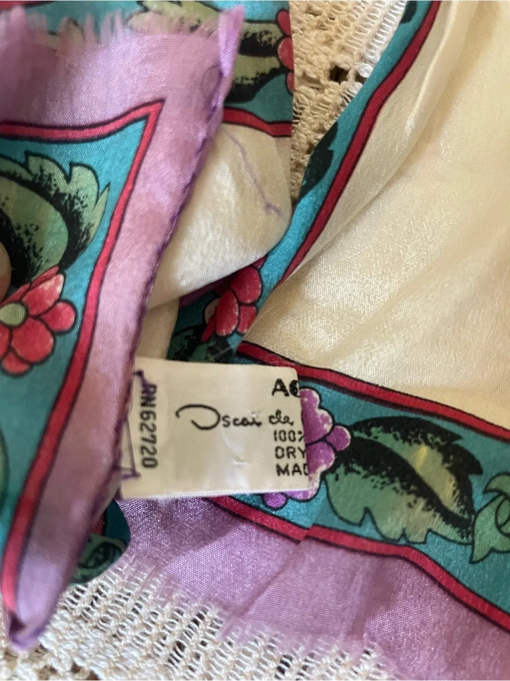 Vintage Oscar de la Renta Silk Cream, Purple, Teal Floral Silk Scarf